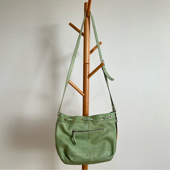 Martha Ponti Leather Woven Sage Crossbody Bucket Handbag Purse Boho - Picture 13 of 13